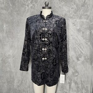 Vtg JBS Black Velvet Glitter Rose Jacket Blazer 1X Sparkle Evening Glam Artsy